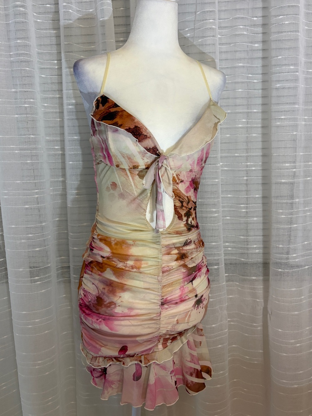 Tiger Mist Pink Floral Tie-Front Ruched Mini Dress